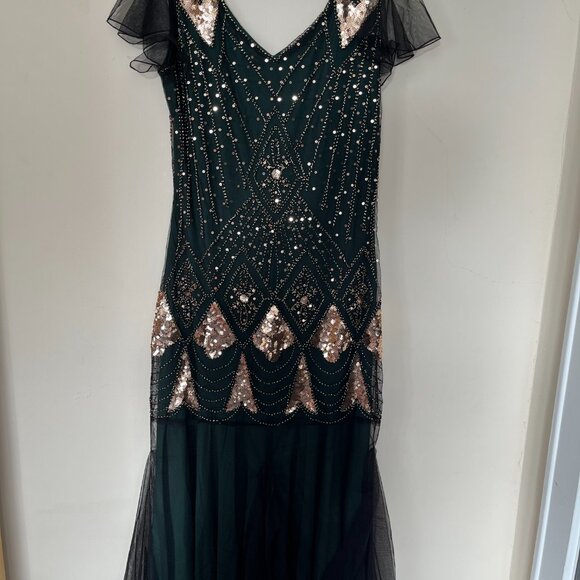 Masquerade Green and Gold Ballroom Costume Gown - Picture 2 of 5